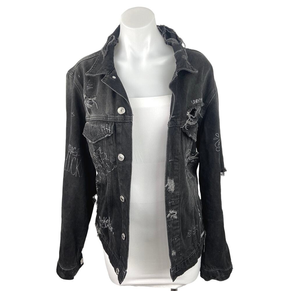 Zara Black Denim Graffiti Illustration Graphic Distressed Jean Jacket Sz M